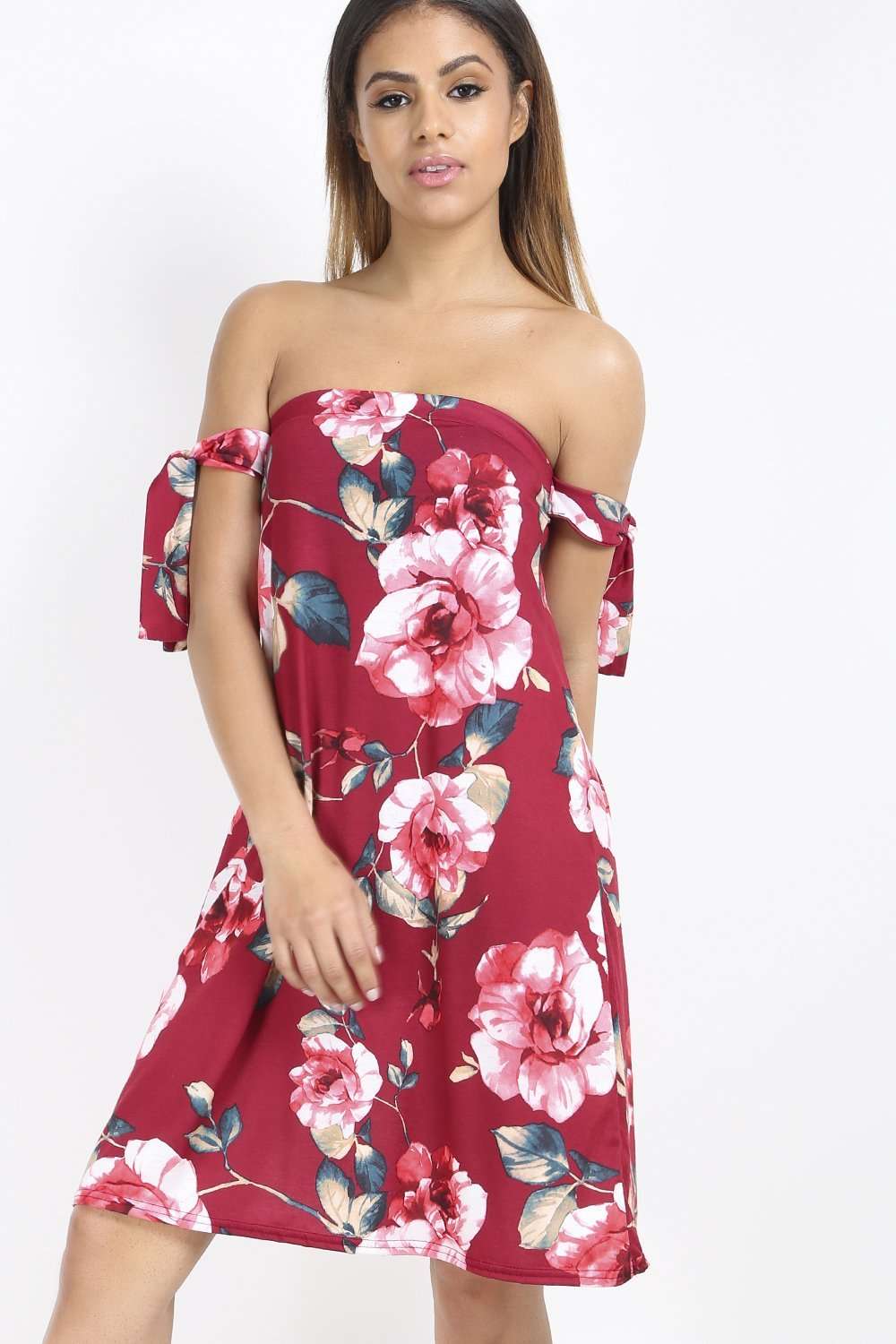 Violet Bardot Floral Tie Sleeve Swing Dress - bejealous-com
