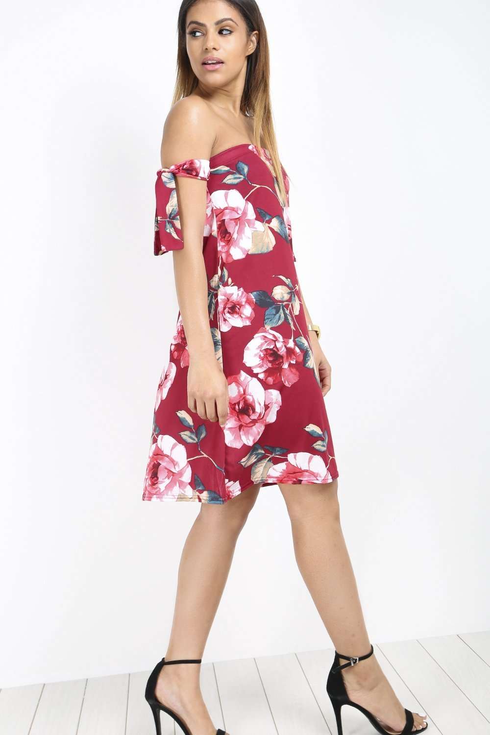 Violet Bardot Floral Tie Sleeve Swing Dress - bejealous-com