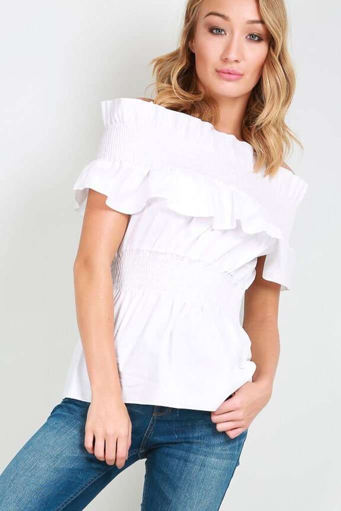 White Bardot Frilly Sheering Waist Peplum Top - bejealous-com