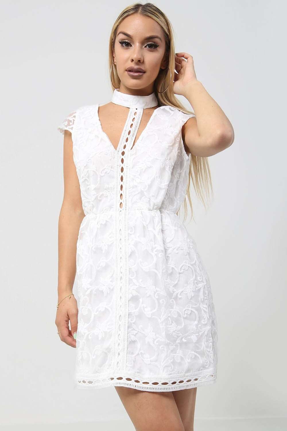 White Choker Neck Floral Lace Open Back Mini Dress - bejealous-com