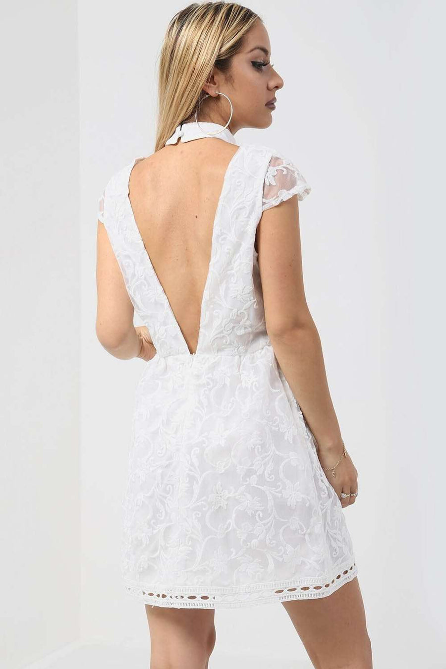 White Choker Neck Floral Lace Open Back Mini Dress - bejealous-com