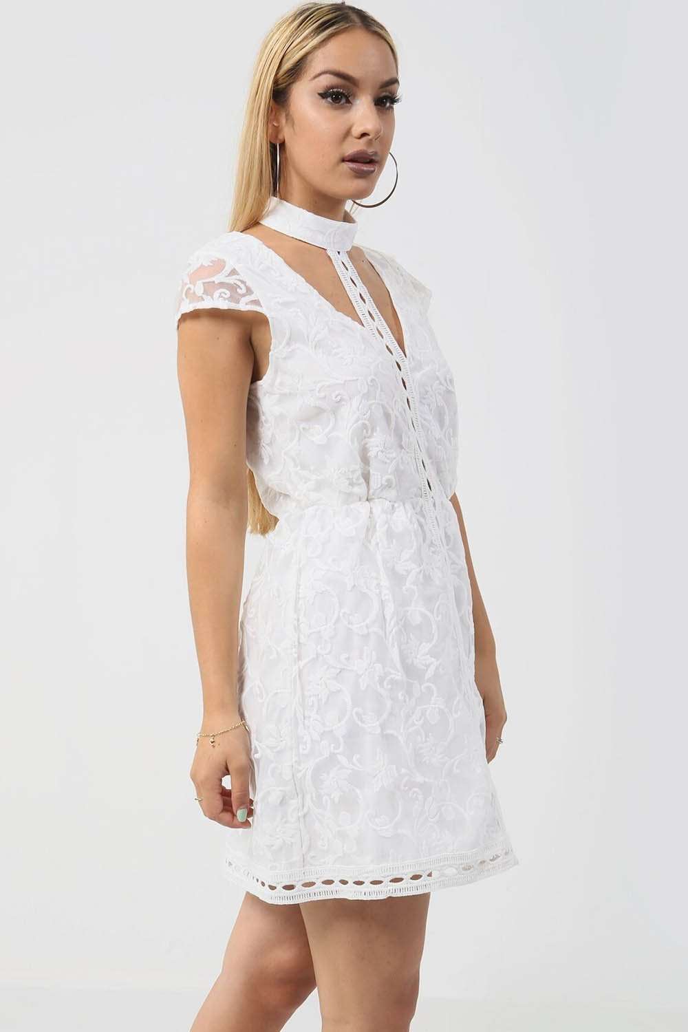 White Choker Neck Floral Lace Open Back Mini Dress - bejealous-com
