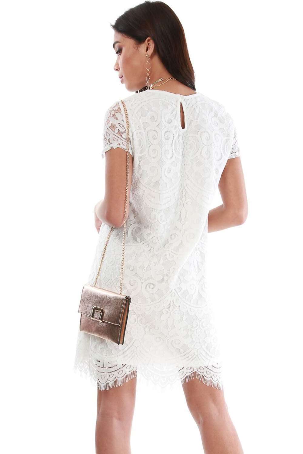 White Lace Scallop Hem Mini Shift Dress - bejealous-com