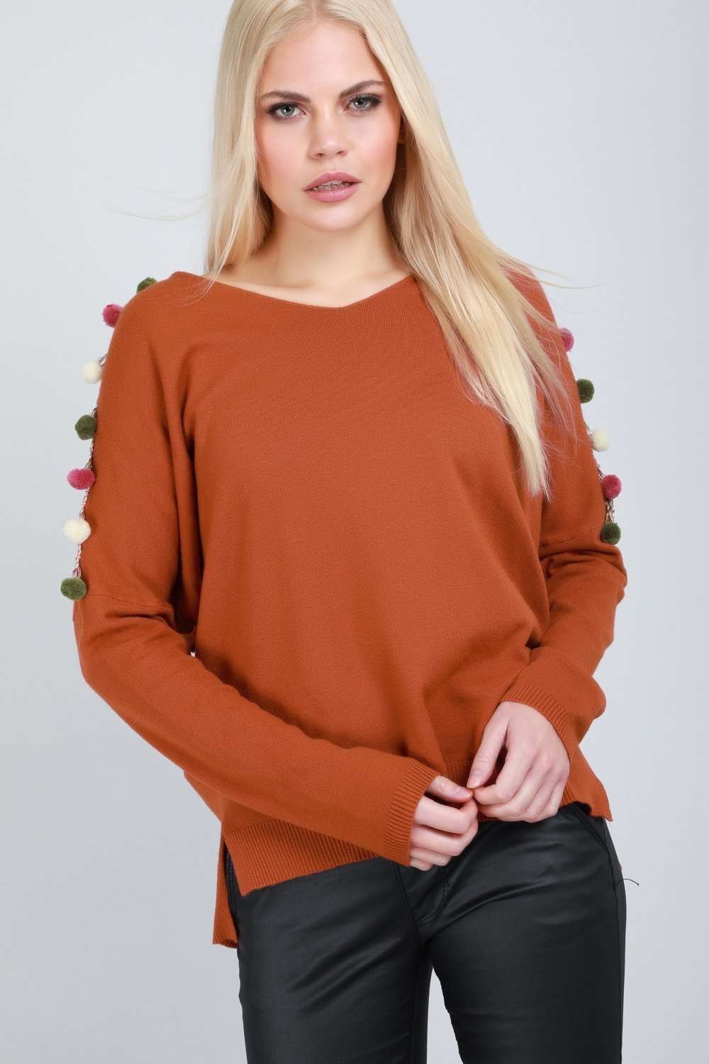 Whitney Pompom Sleeve Oversized Knitted Jumper - bejealous-com