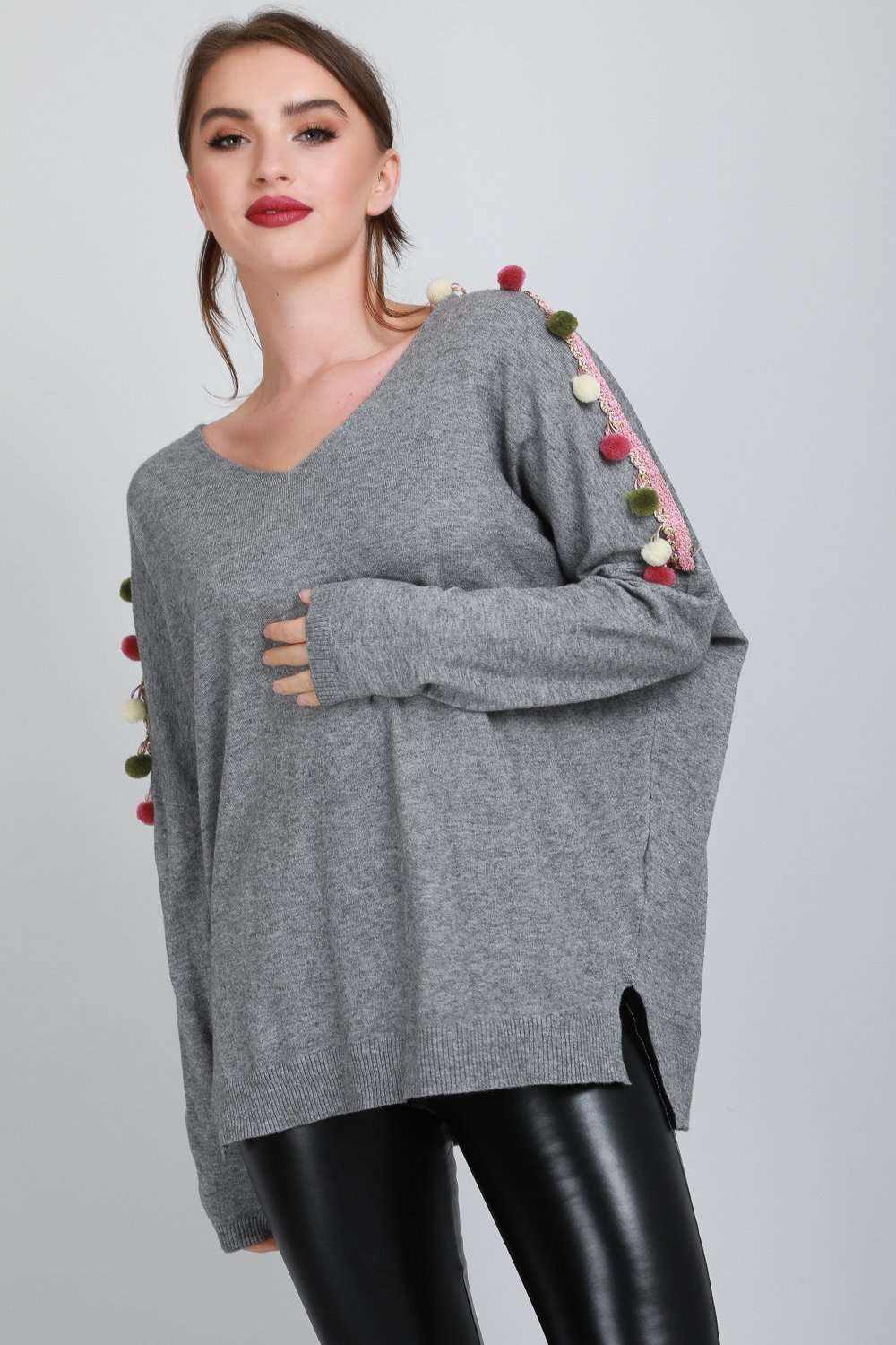 Whitney Pompom Sleeve Oversized Knitted Jumper - bejealous-com