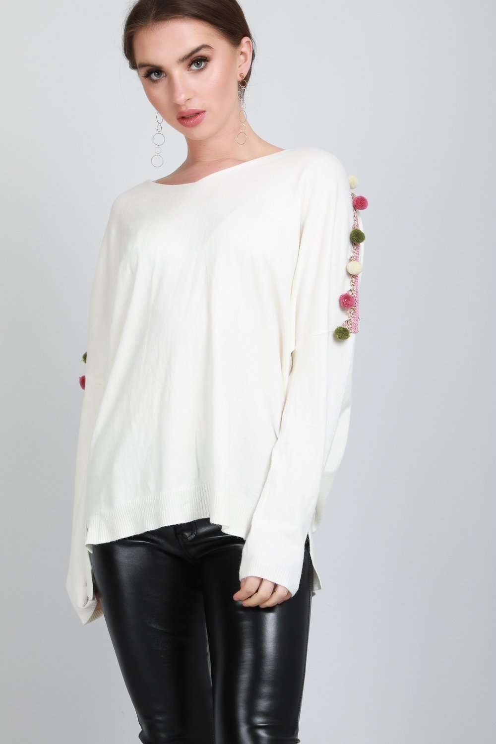 Whitney Pompom Sleeve Oversized Knitted Jumper - bejealous-com