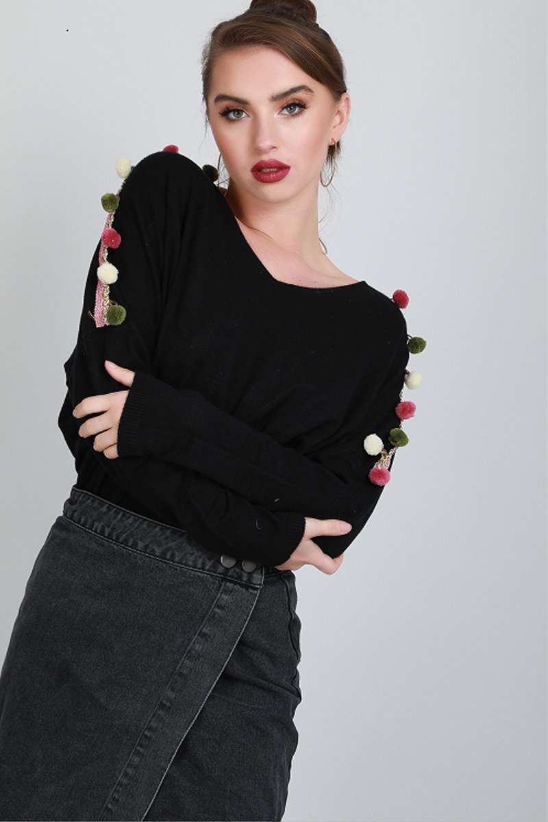 Whitney Pompom Sleeve Oversized Knitted Jumper - bejealous-com