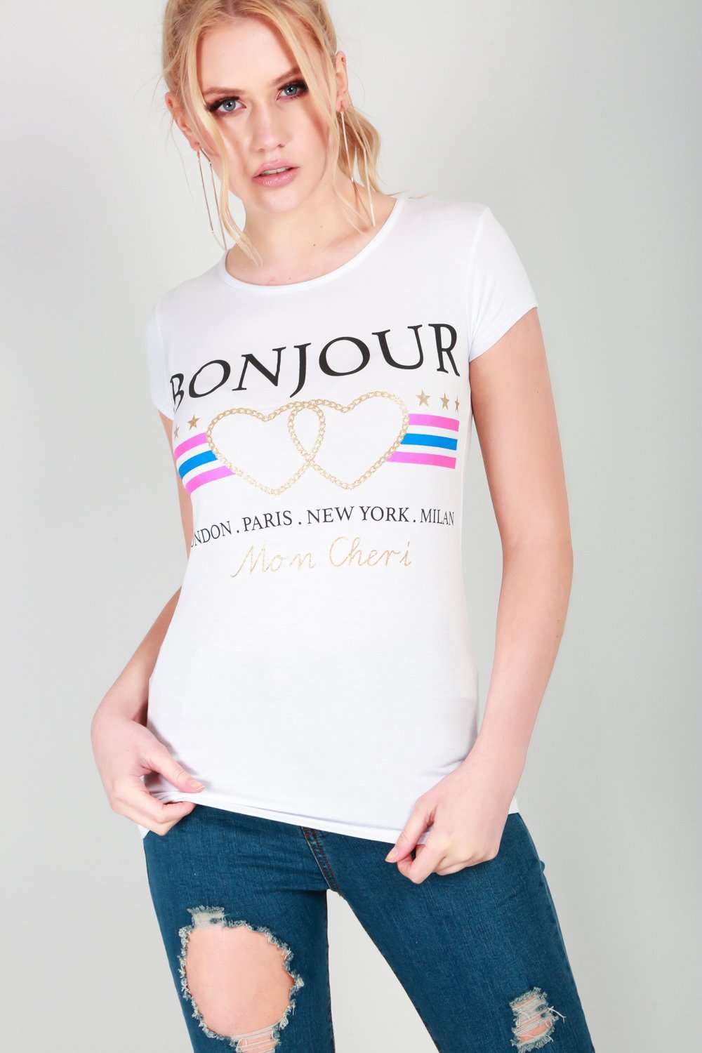 Yazmine Bonjour Graphic Print Slogan TShirt - bejealous-com