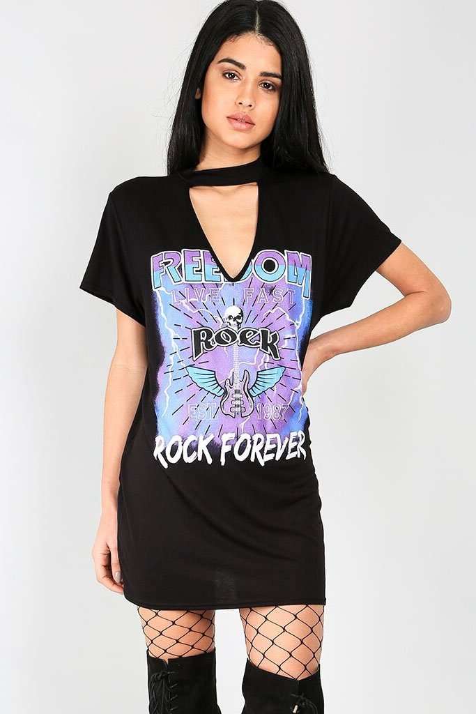 Zannia Graphic Print Choker Neck Tshirt Dress - bejealous-com