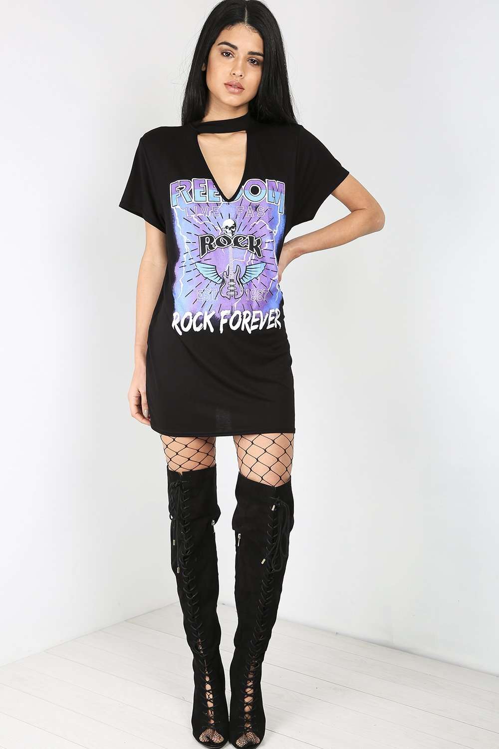Zannia Graphic Print Choker Neck Tshirt Dress - bejealous-com