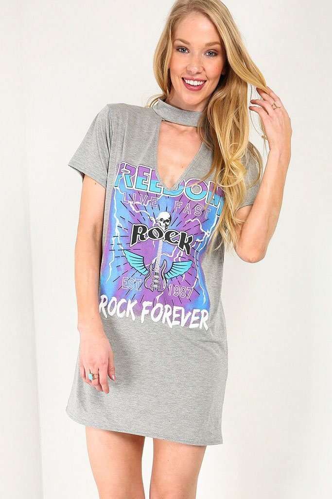 Zannia Graphic Print Choker Neck Tshirt Dress - bejealous-com