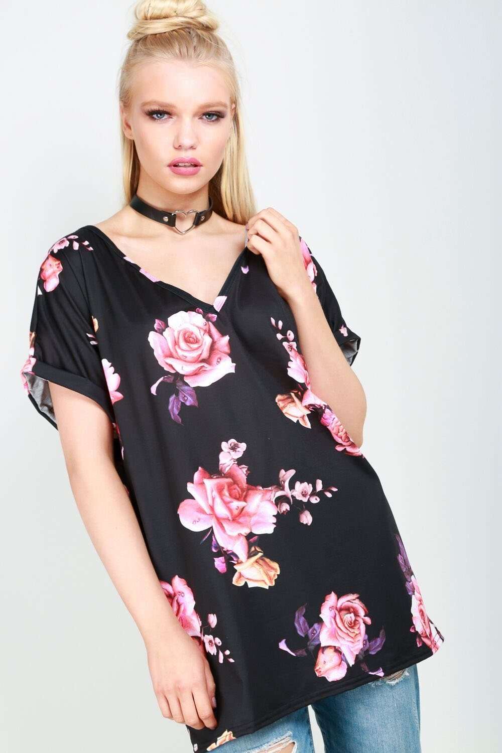Zara Floral Print Turn Up Sleeve Baggy Tshirt - bejealous-com