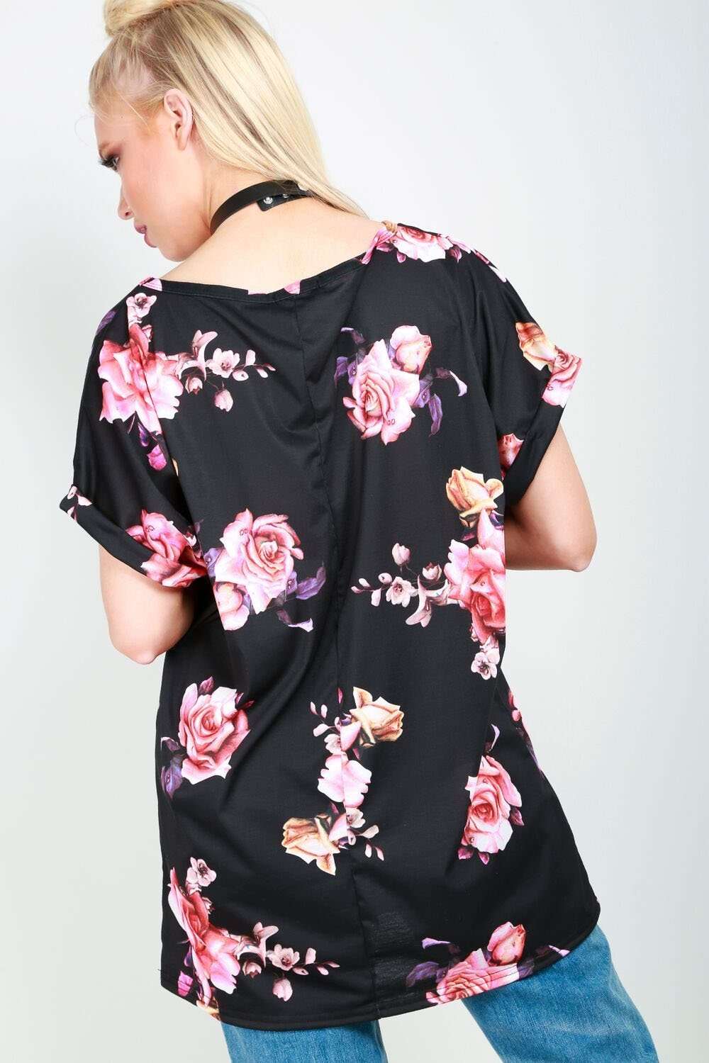 Zara Floral Print Turn Up Sleeve Baggy Tshirt - bejealous-com