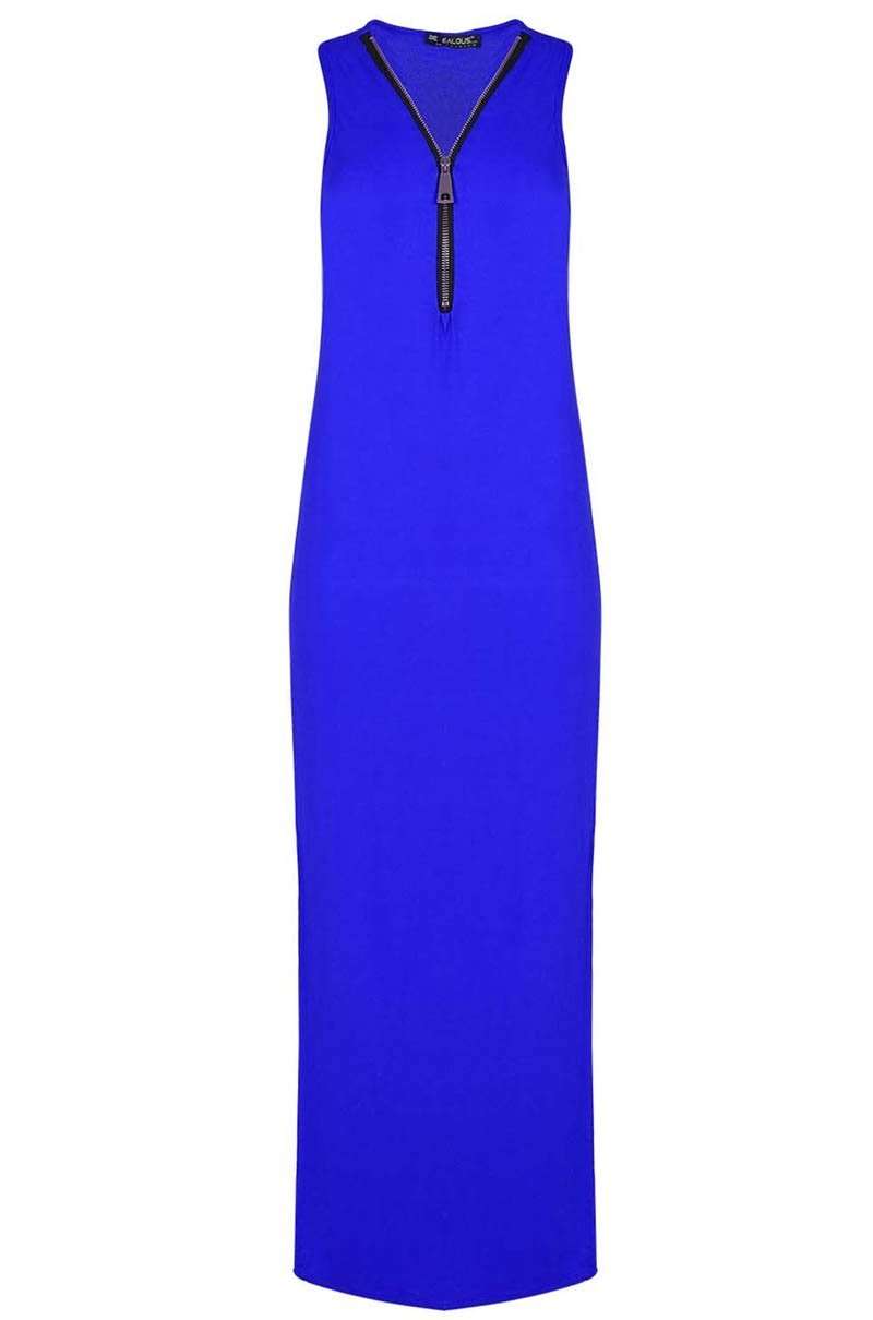 Zip Plunge Neck Grey Side Split Jersey Maxi Dress - bejealous-com