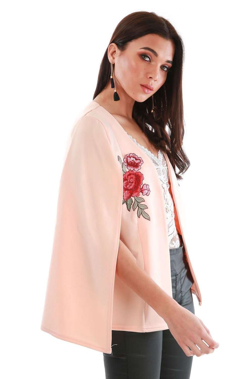 Zoe Floral Embroidered Open Front Cape Blazer - bejealous-com