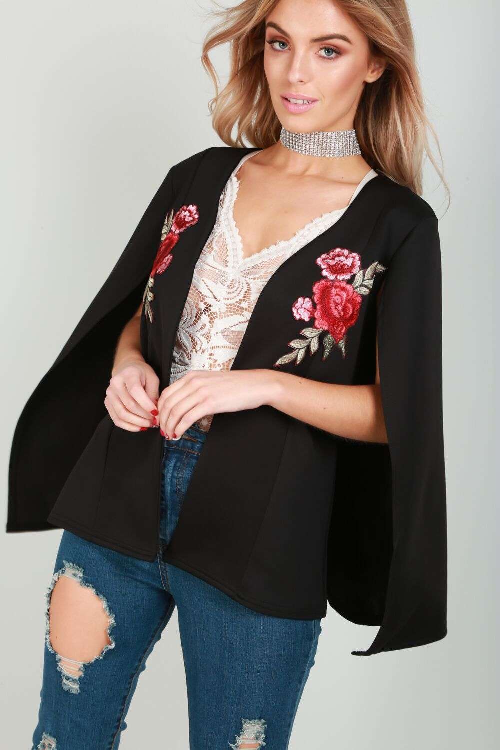 Zoe Floral Embroidered Open Front Cape Blazer - bejealous-com