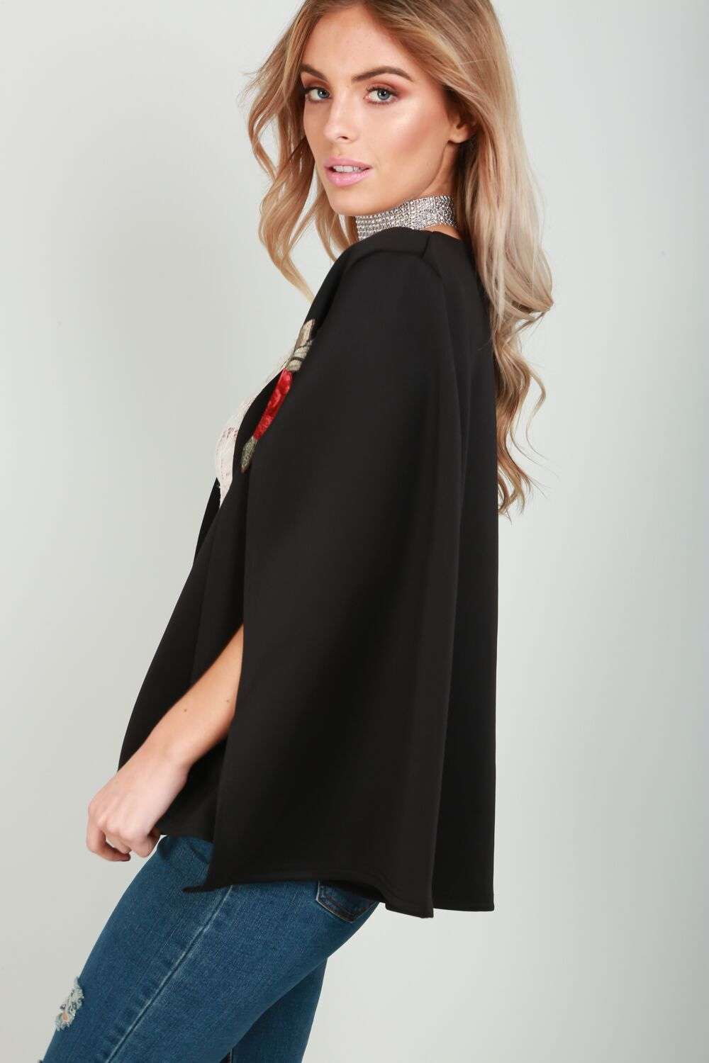 Zoe Floral Embroidered Open Front Cape Blazer - bejealous-com