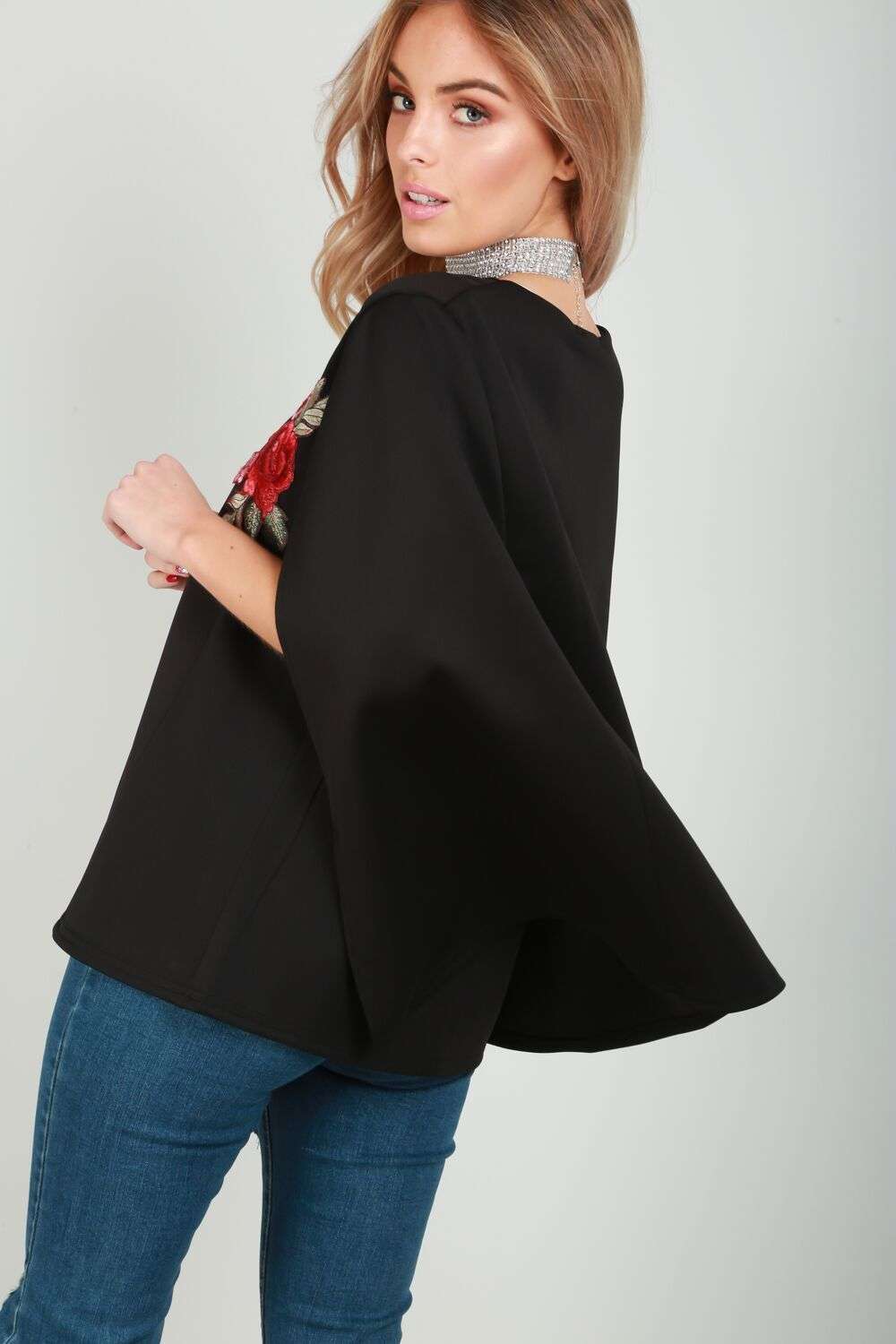 Zoe Floral Embroidered Open Front Cape Blazer - bejealous-com