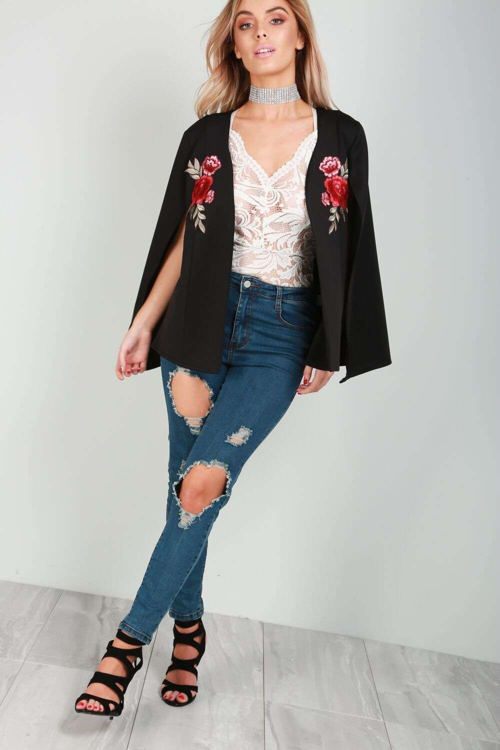 Zoe Floral Embroidered Open Front Cape Blazer - bejealous-com