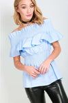 Zoe Sky Blue Bardot Frilly Top - bejealous-com