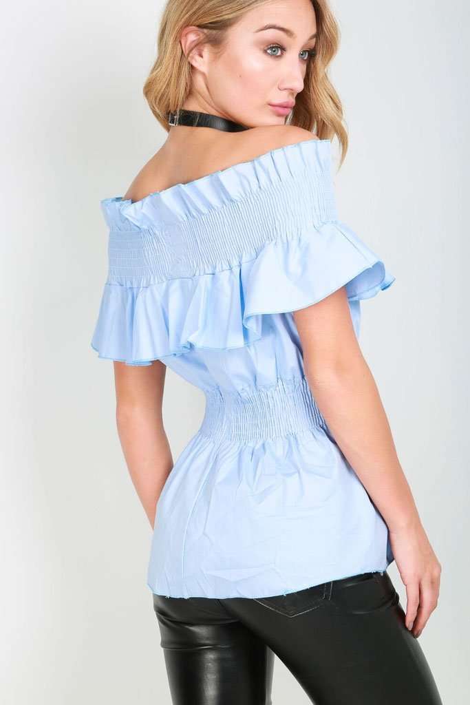 Zoe Sky Blue Bardot Frilly Top - bejealous-com