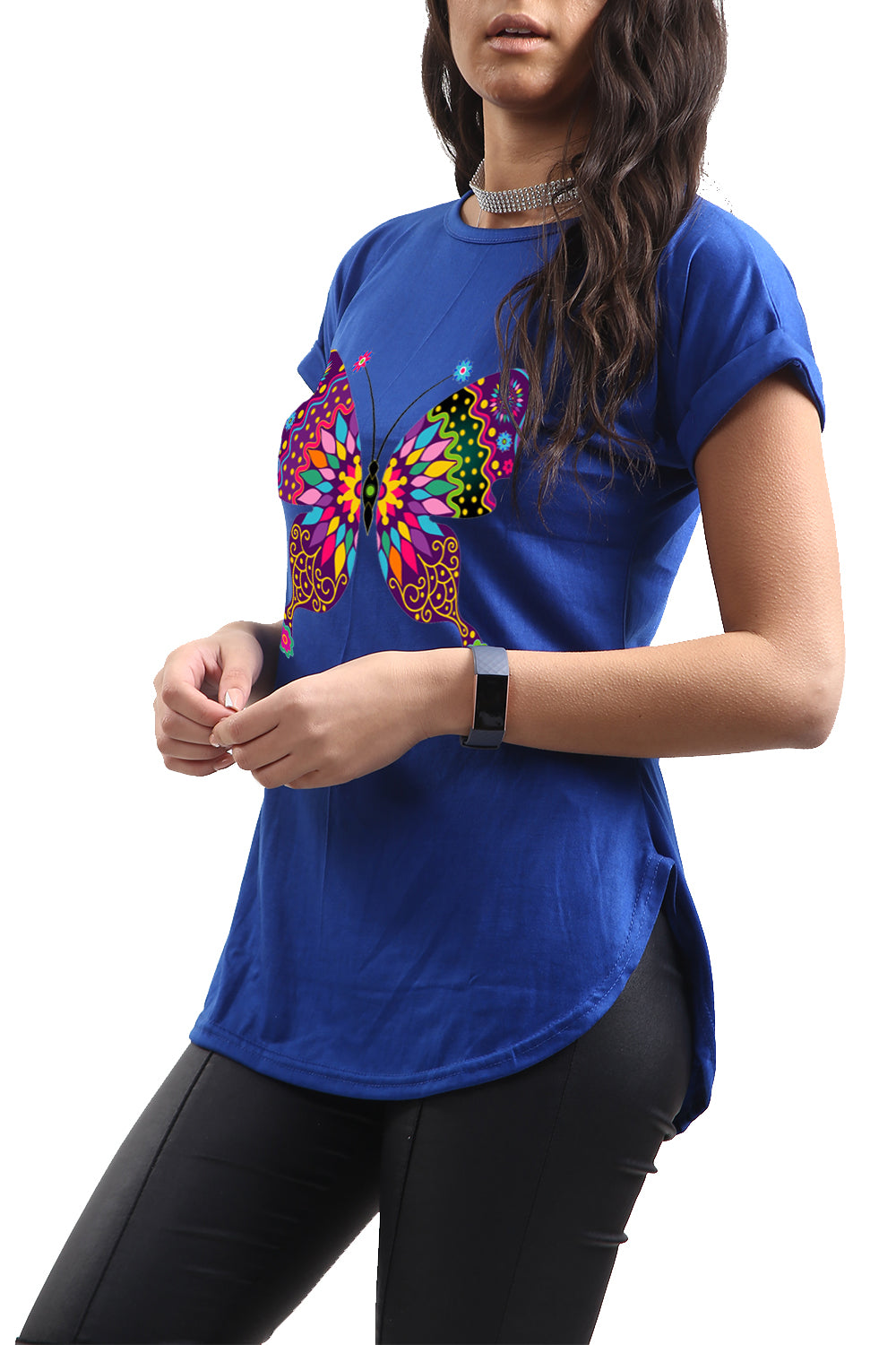 Lisa Multi Color Butterfly Curved Hem Basic Top