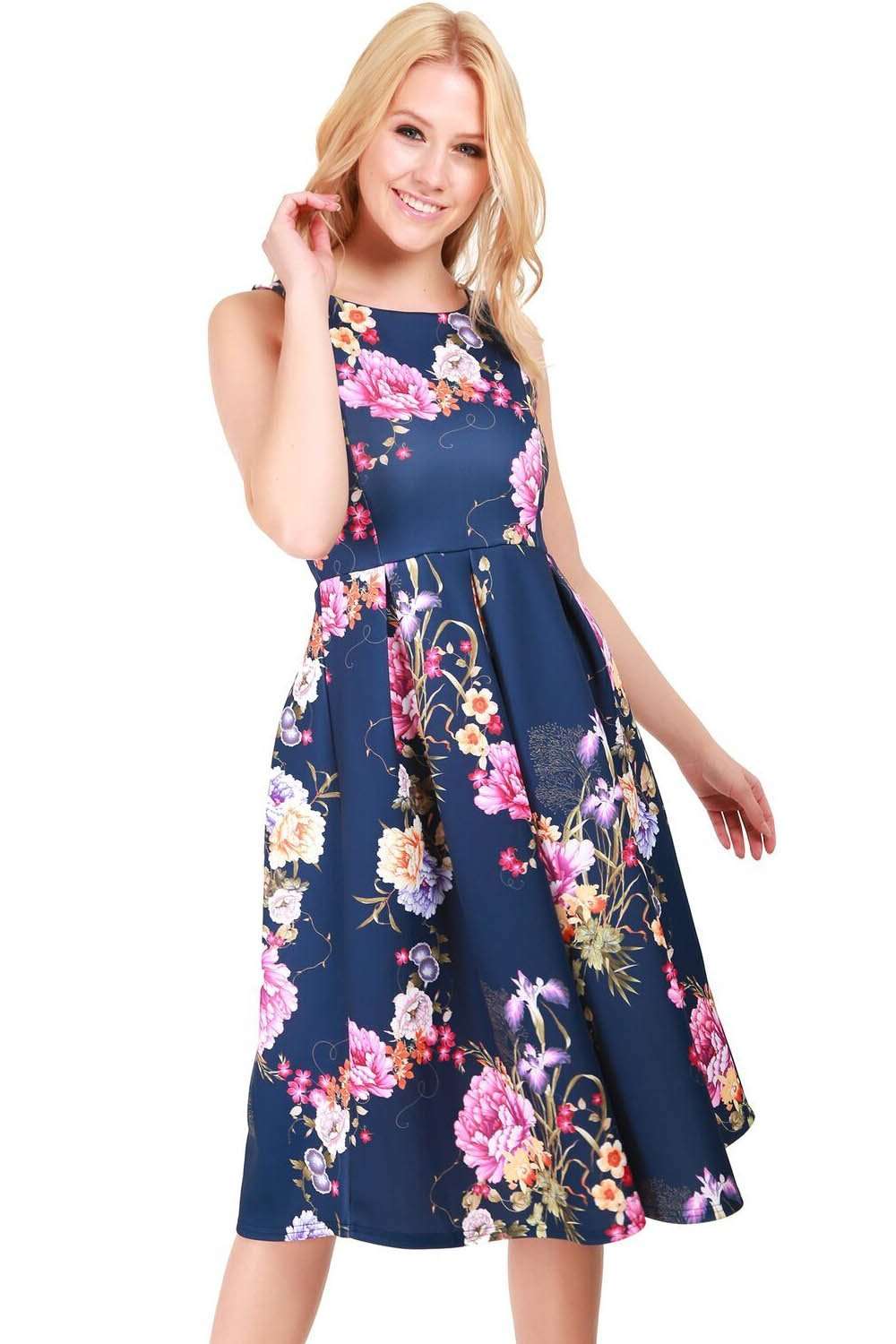 Sleeveless Navy Floral Pleated Midi Skater Dress - bejealous-com