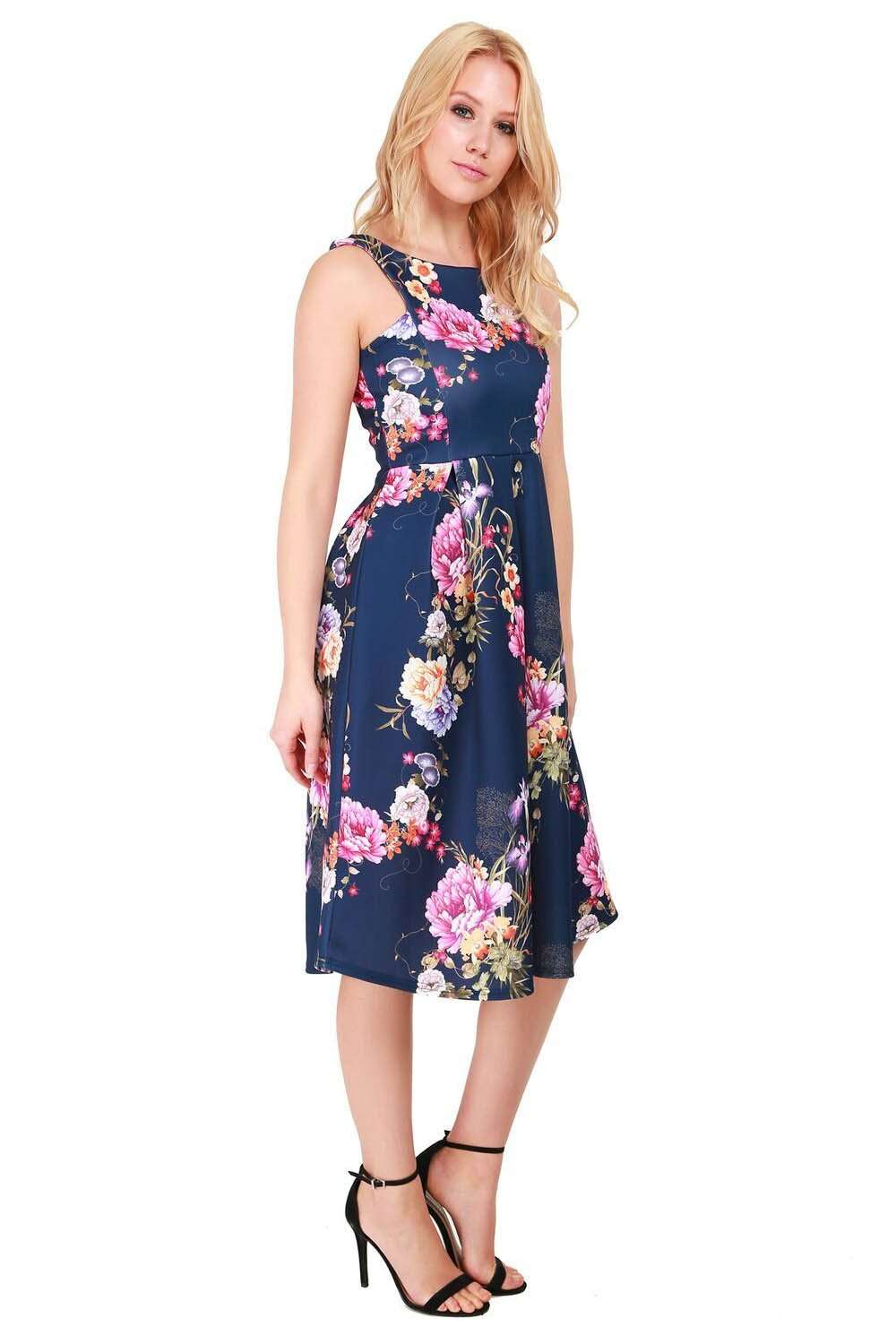 Sleeveless Navy Floral Pleated Midi Skater Dress - bejealous-com