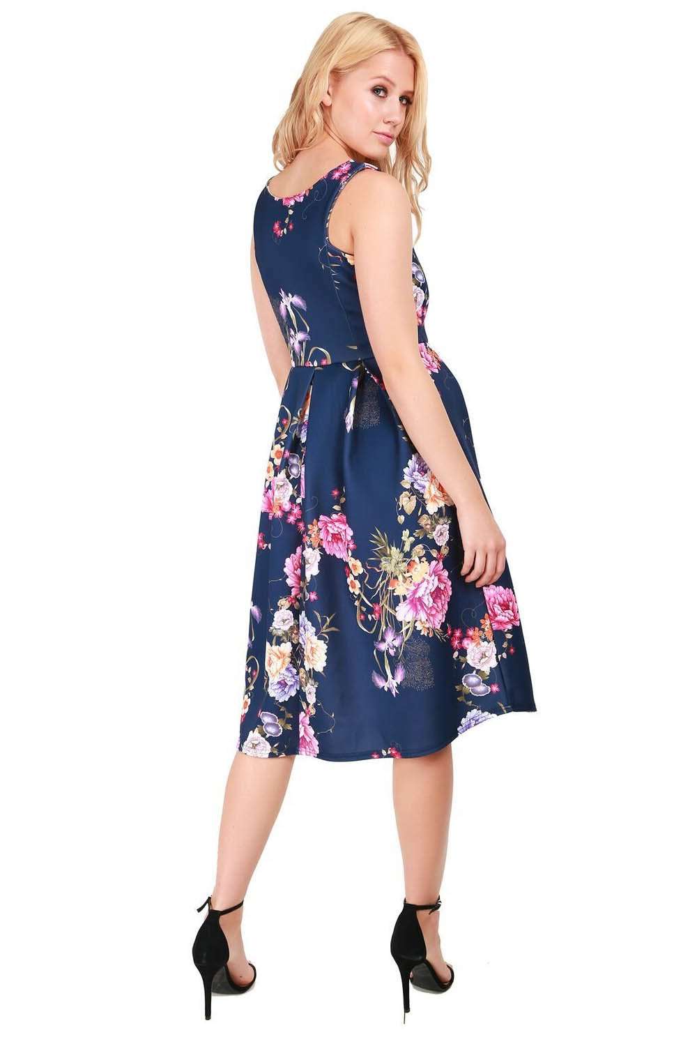 Sleeveless Navy Floral Pleated Midi Skater Dress - bejealous-com