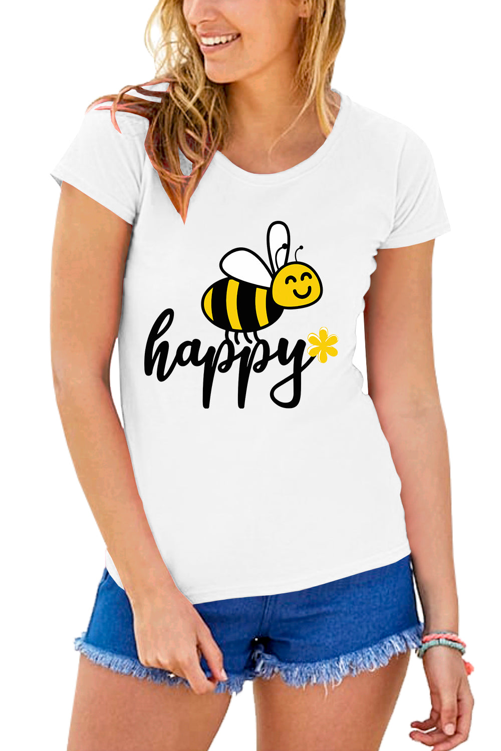 Ada Be Happy Print Basic Slim T Shirt