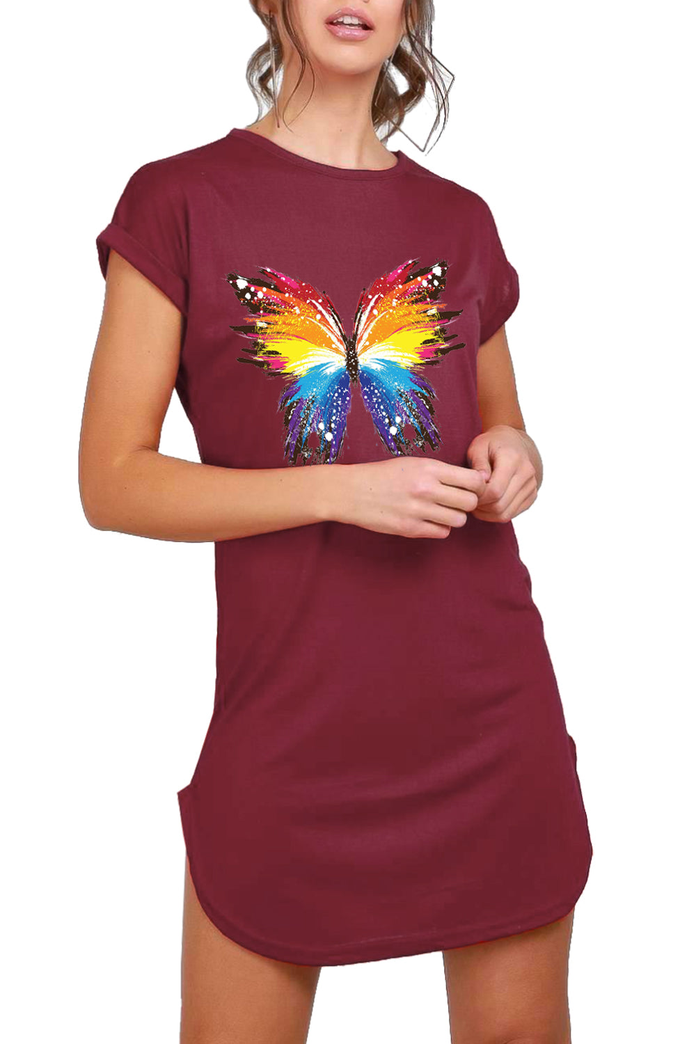 Ada Butterfly Print Curved Hem T Shirt Dress