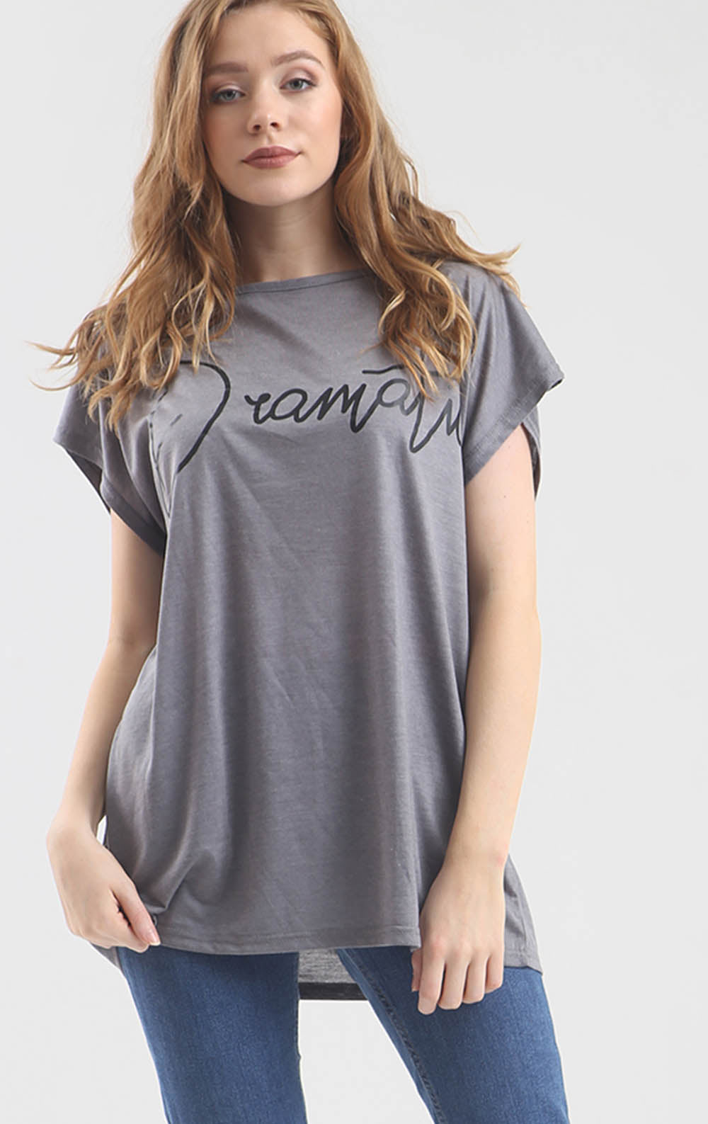 Turn Up Sleeve Dramatic Slogan Print Baggy Tshirt - bejealous-com