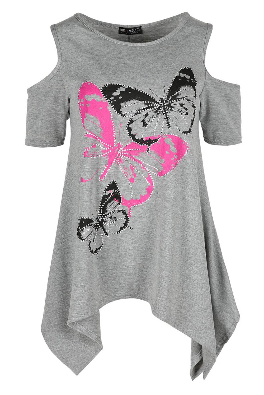 Cold Shoulder Butterfly Print Dipped Hem Top - bejealous-com