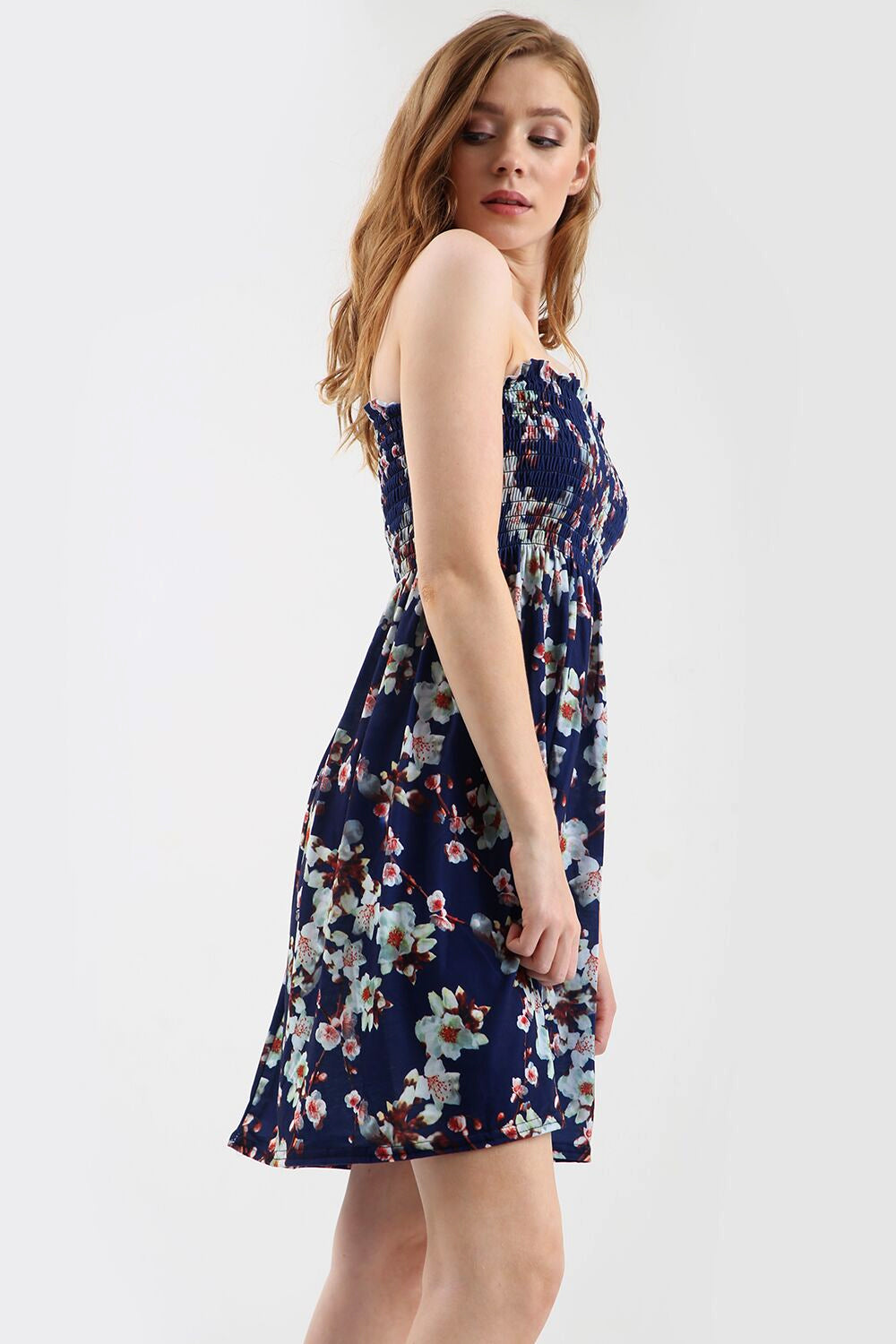 Navy Floral Print Strapless Mini Dress - bejealous-com