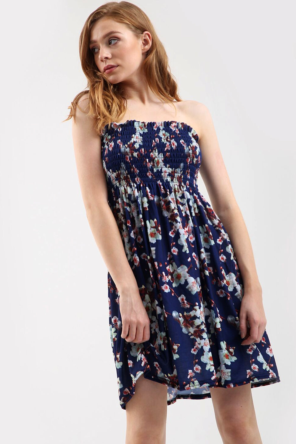 Red Tropical Print Shirring Bandeau Mini Dress - bejealous-com