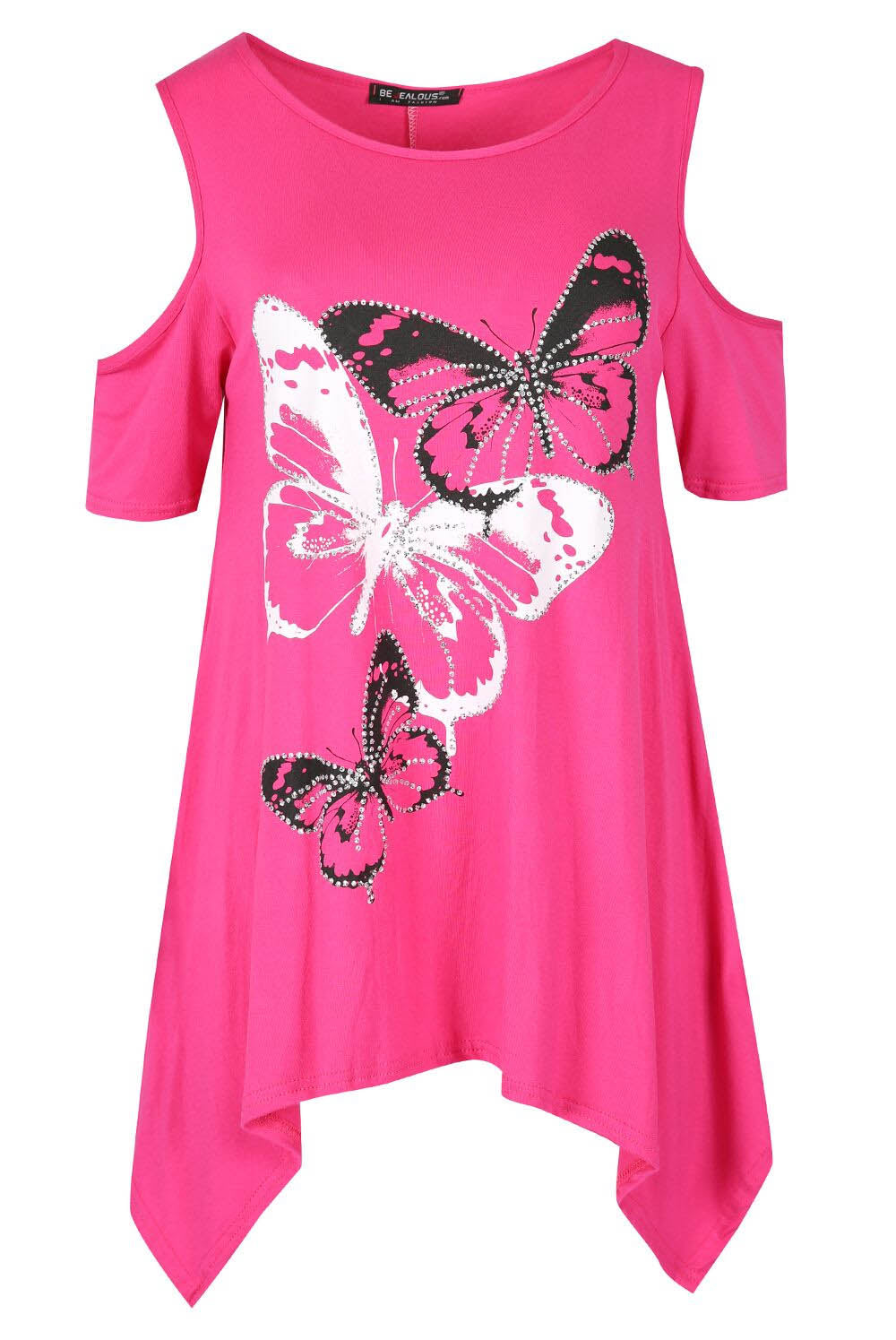Cold Shoulder Butterfly Print Dipped Hem Top - bejealous-com