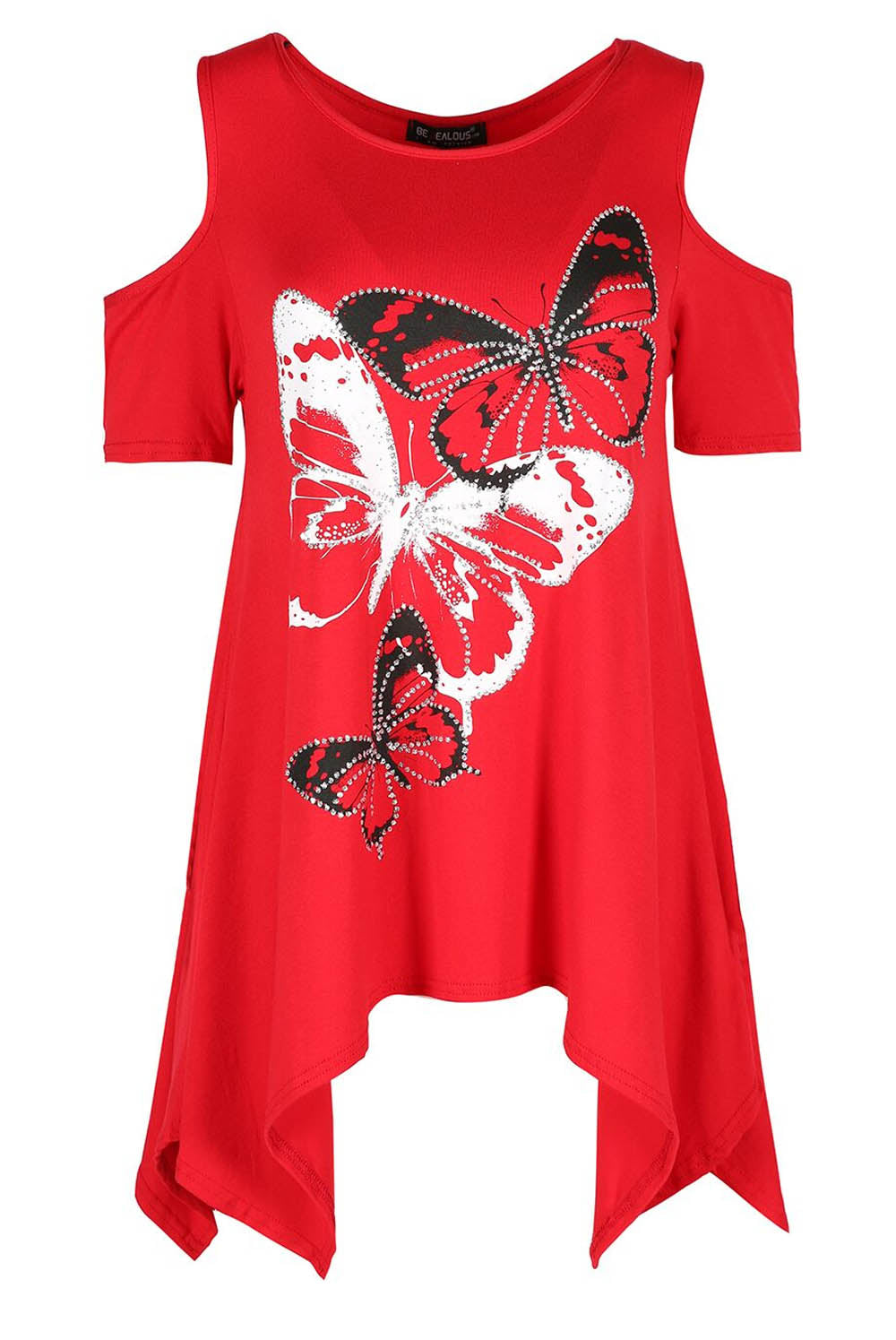 Cold Shoulder Butterfly Print Dipped Hem Top - bejealous-com
