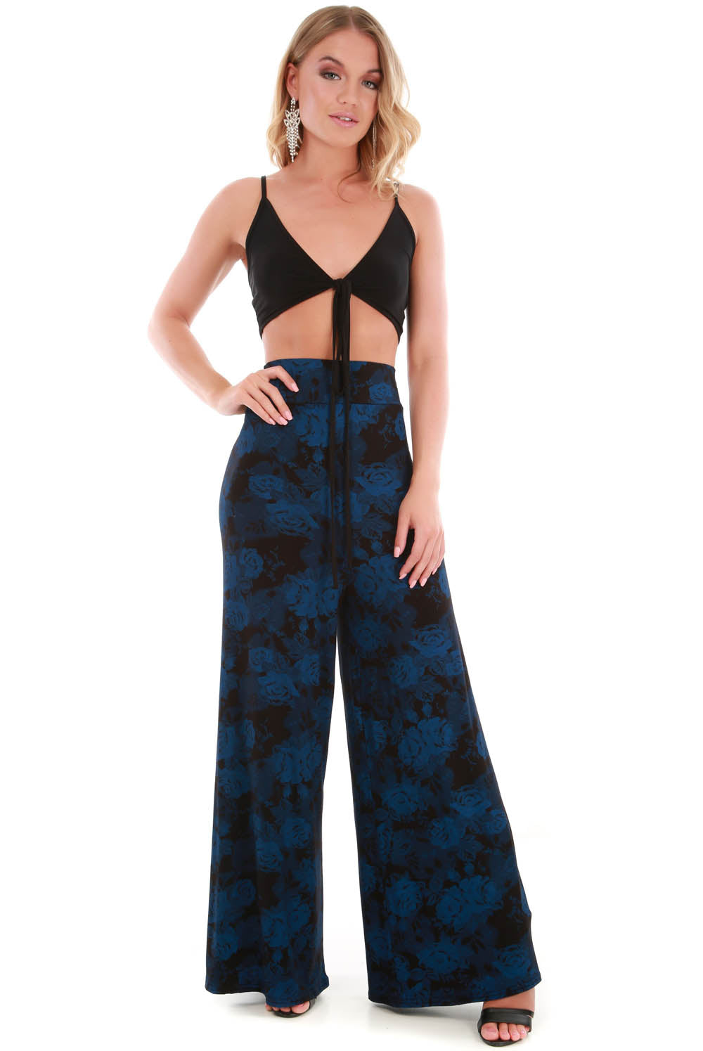 High Waist Blue Floral Wide Leg Palazzo Pants - bejealous-com